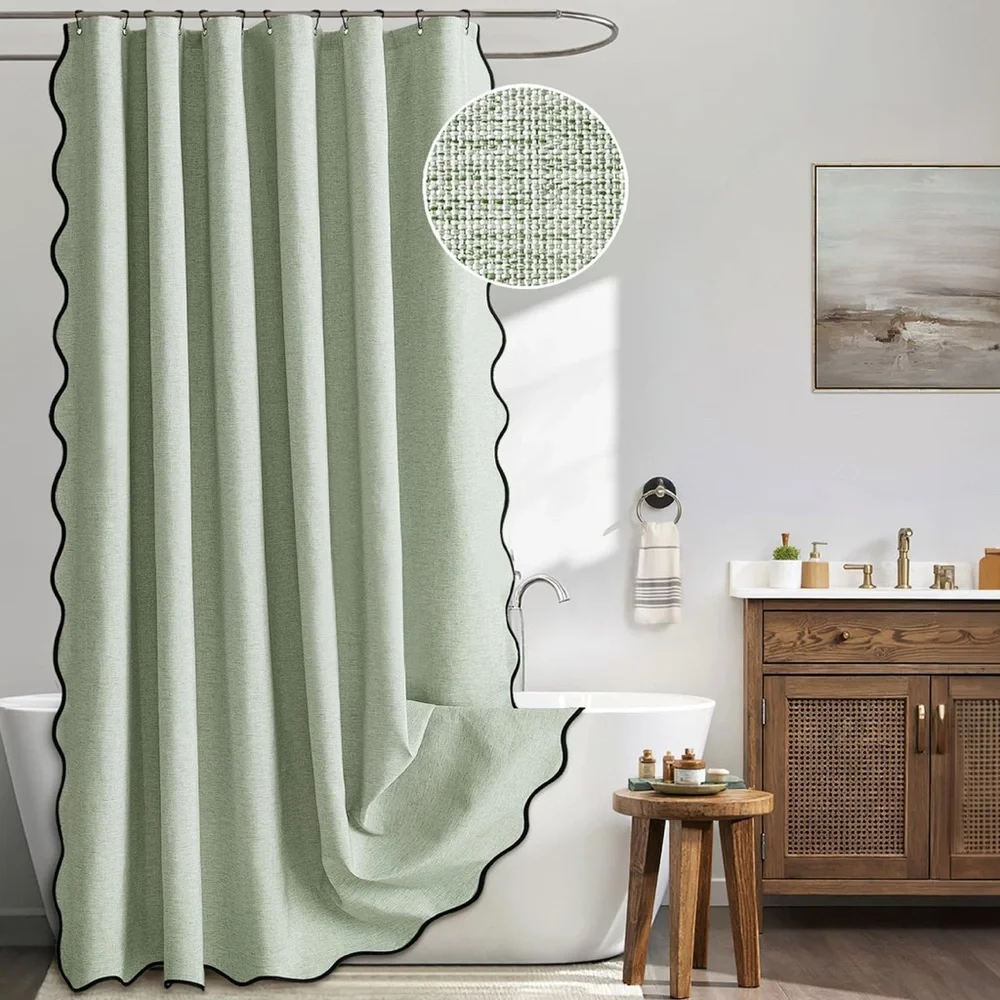Sage Green Shower Curtain Linen with 12 Metal Hooks Black Scalloped Border